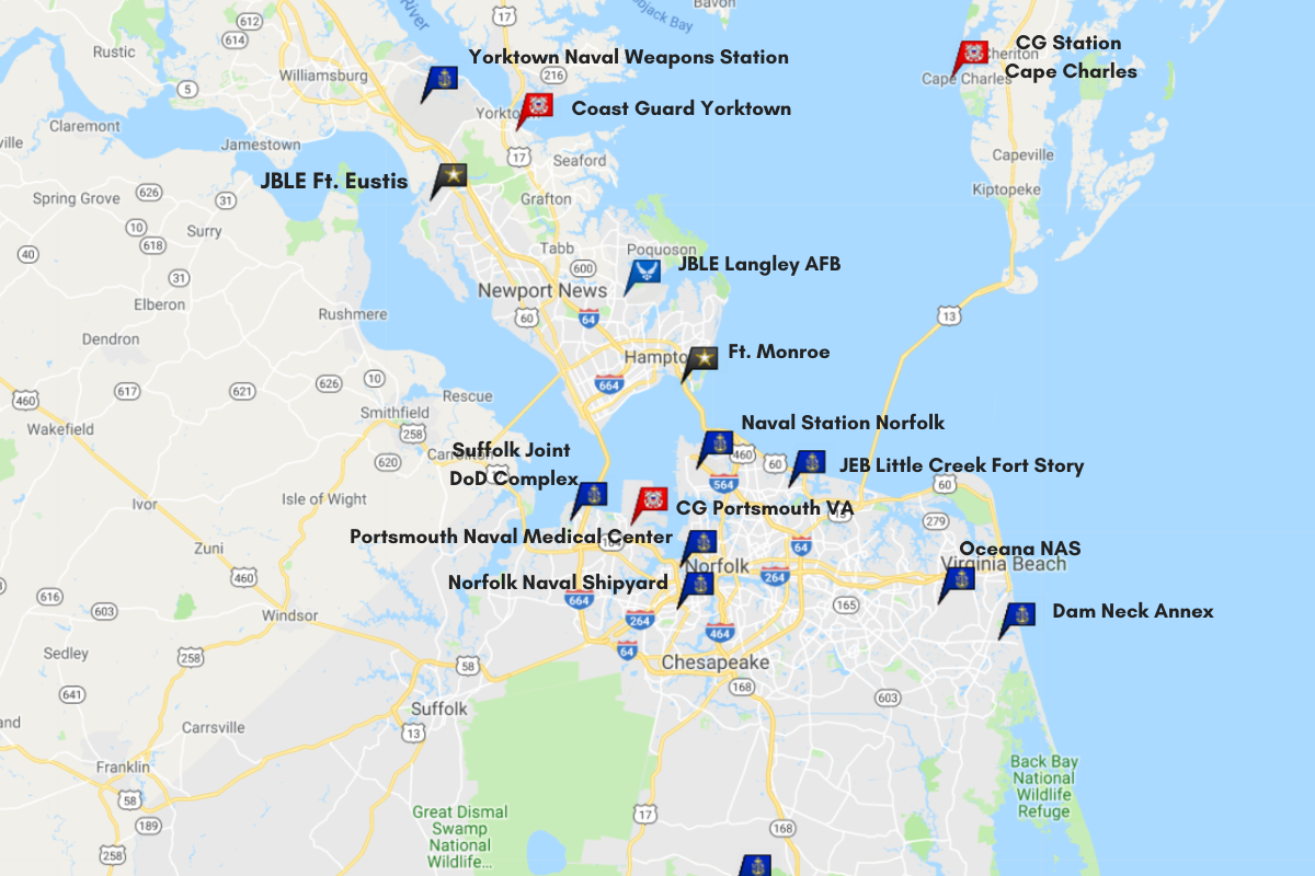 map of military bases in the Hampton roads area